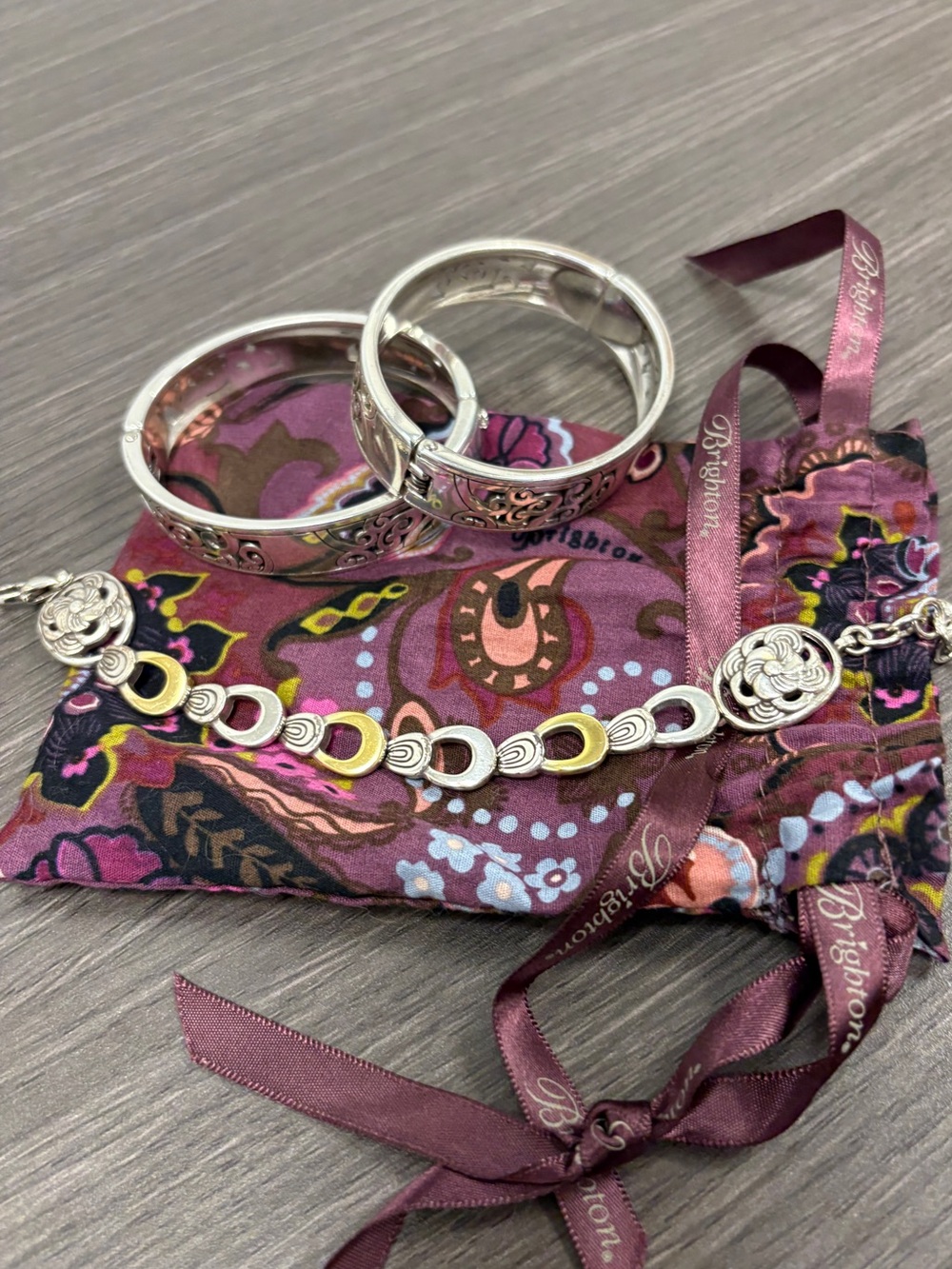 Brighton Bundle 3 Bracelets Two Bangles and Mixed Metal Linked Bracelet & Pouch